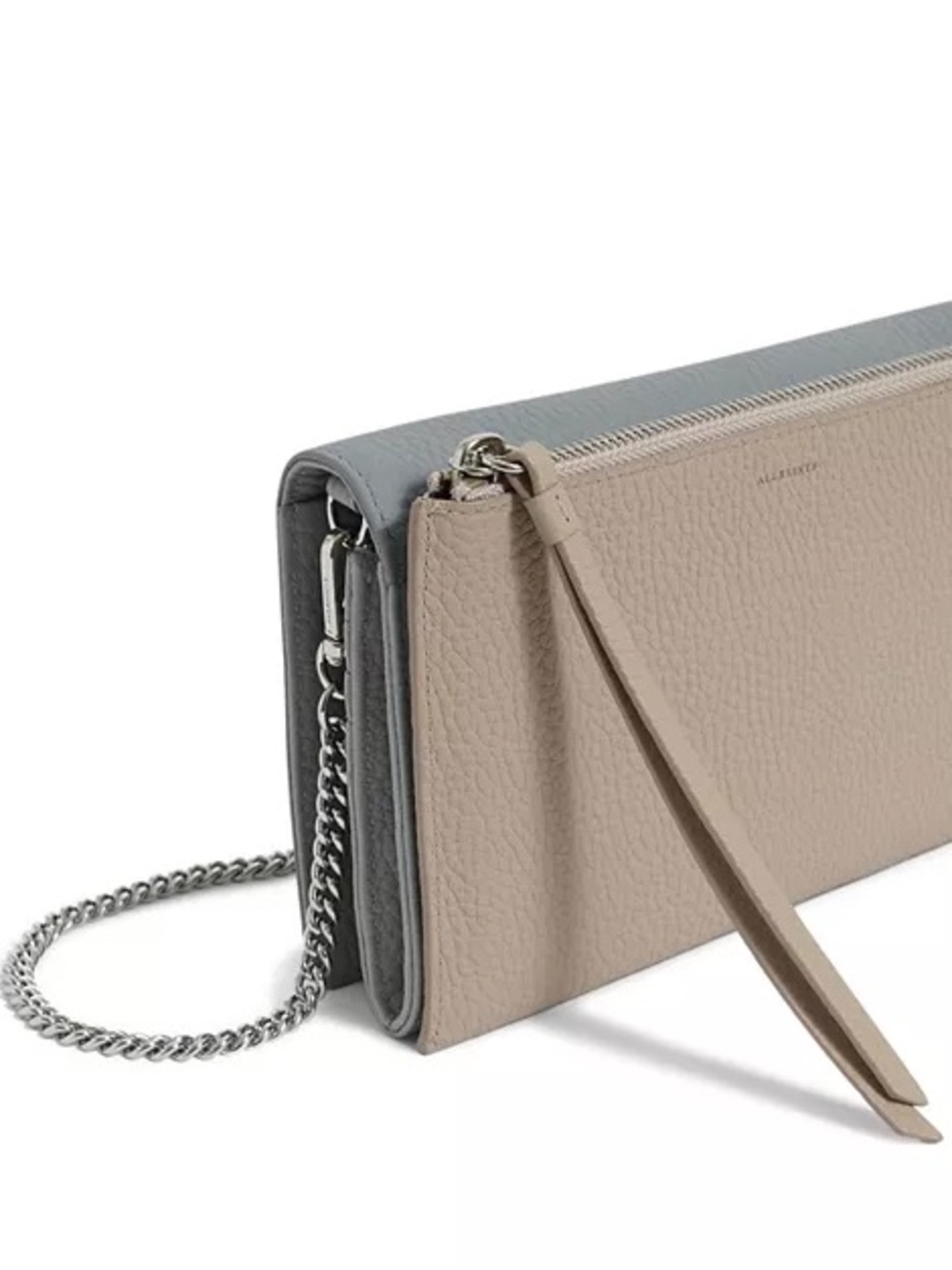 AllSaints Sage Green Pebbled Leather “Fetch” Crossbody Bag with Chain Strap